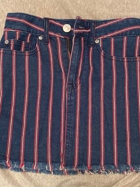 American Eagle Outfitters Navy Blue Denim Mini Skirt with Red Stripes